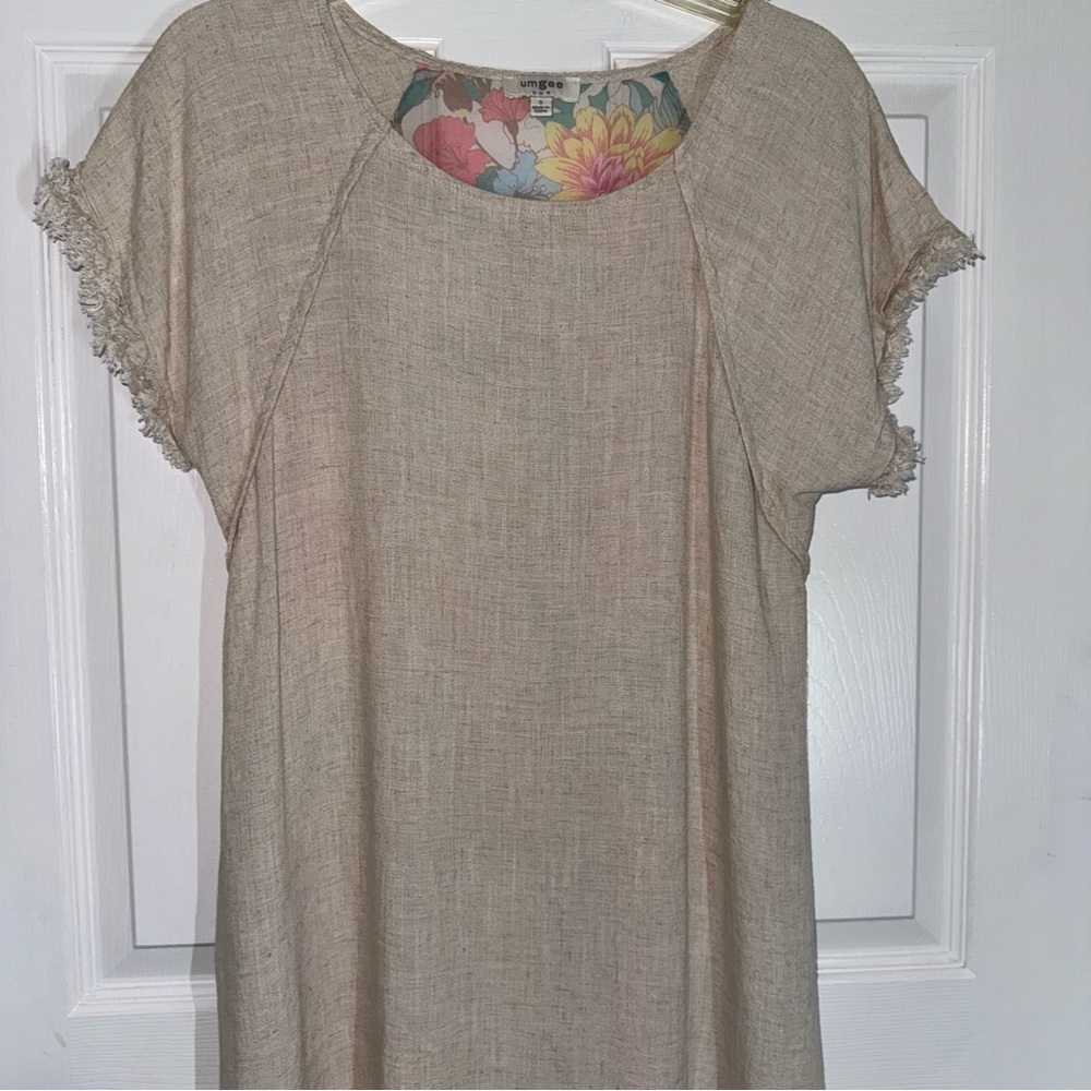 Umgee Beige Mini Linen Dress with High Low Ruffle Fringe and Floral Print - Picture 7 of 16